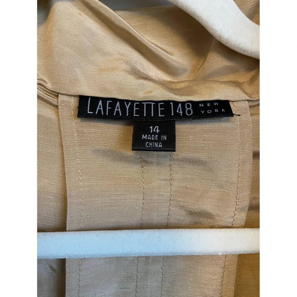 Lafayette 148 New York Gold Linen Cupro Blend Belted Zip Funnel Neck Jacket 14